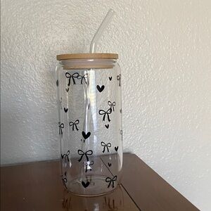 Glass Tumbler with Straw and Heart/Bow Design